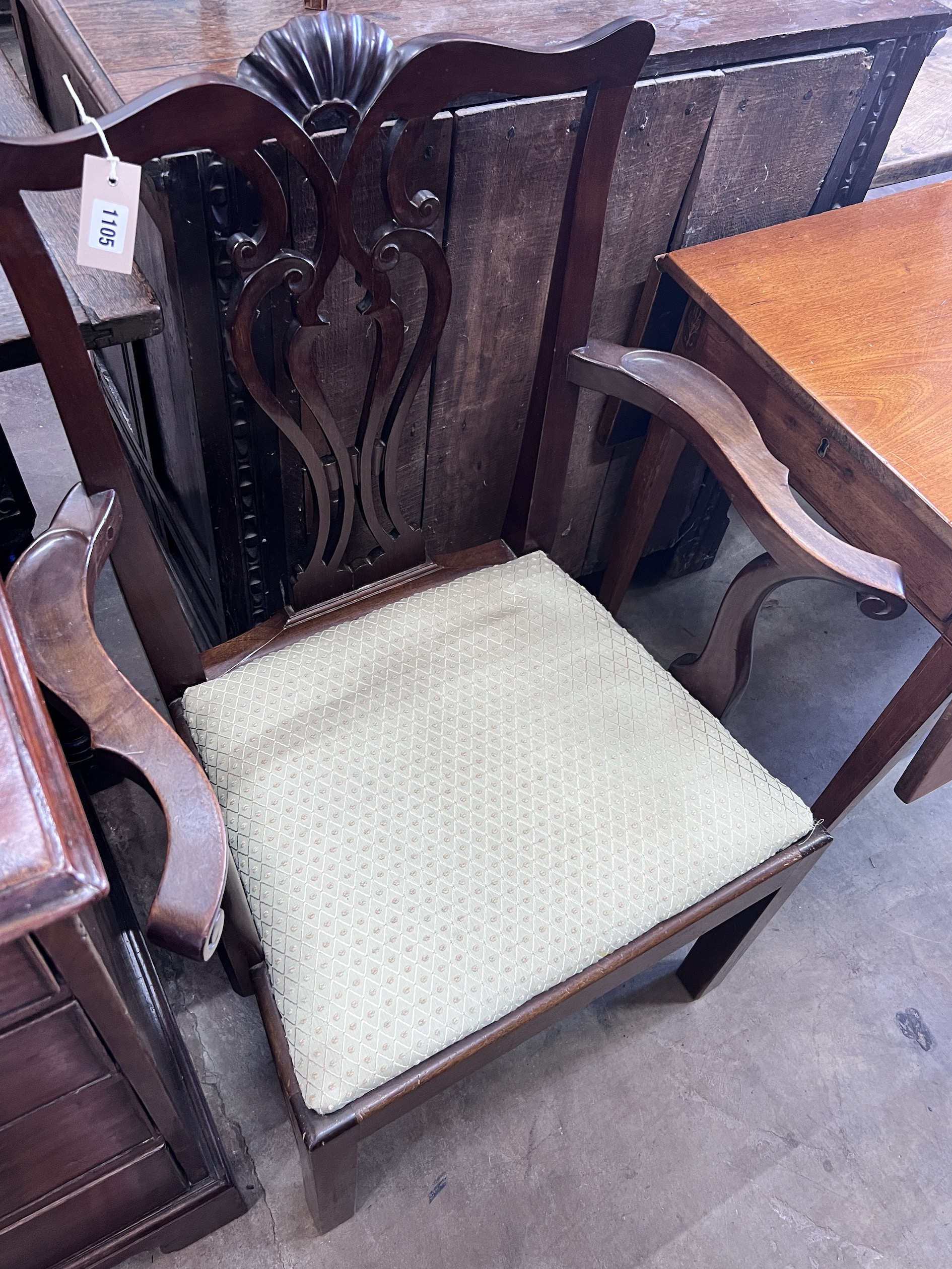 A George III style mahogany elbow chair, width 68cm, depth 48cm, height 98cm
